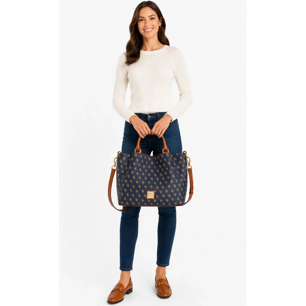 DOONEY & BOURKE Gretta Signature Monogram Satchel Navy Brown Leather Trim NWOT